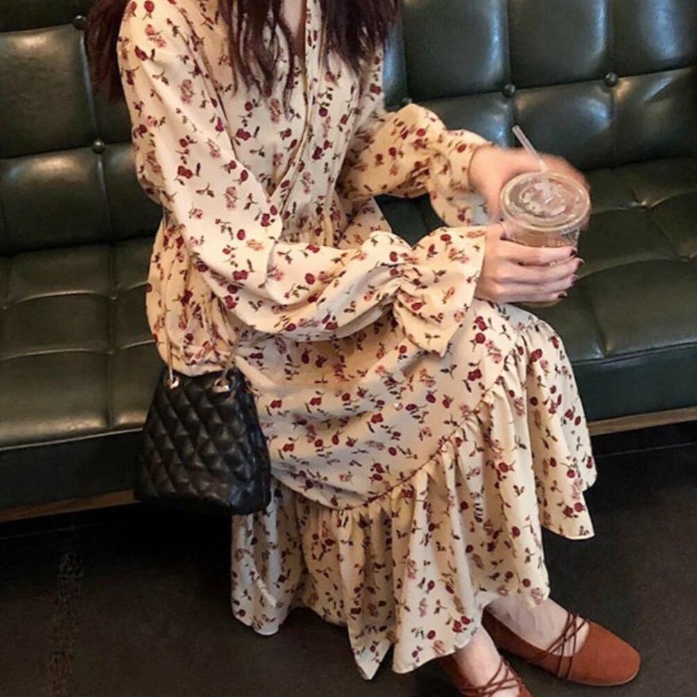 レトロ小花柄ワンピース 花柄 マキシワンピース ブラウス カシュクールワンピース ガーリー 秋 冬 大きいサイズ 長袖 Op 0391 Hapi Hapi Girl ハピ ガル