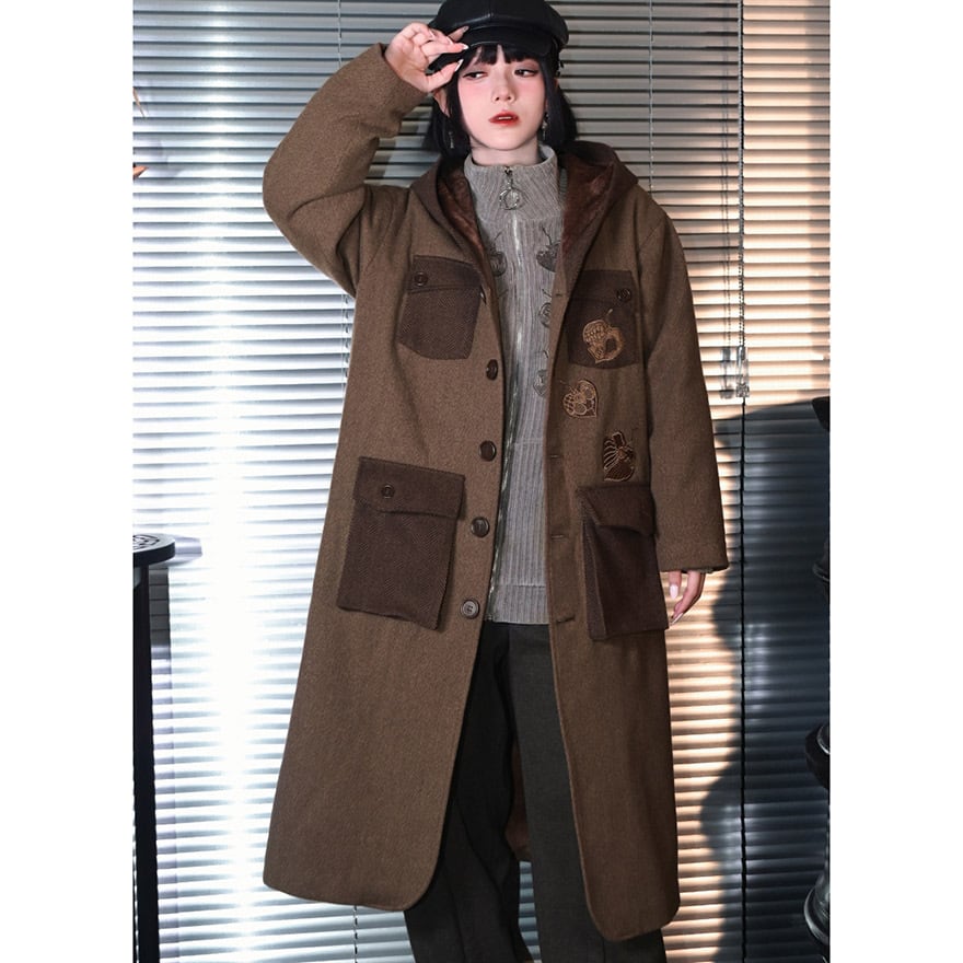 中華ゴシック レトロ フード付き フリース裏地 ウールコート 古怪舎