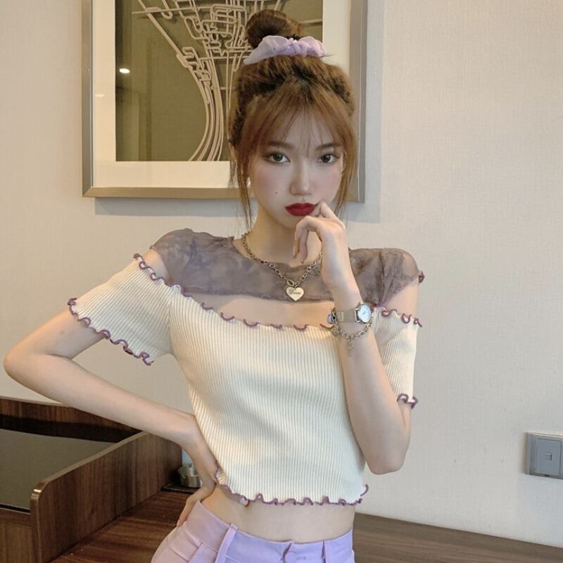 サマーレースショートセーター トップス レディース 夏物 ピュア ステッチ ハンチェンe3592704705