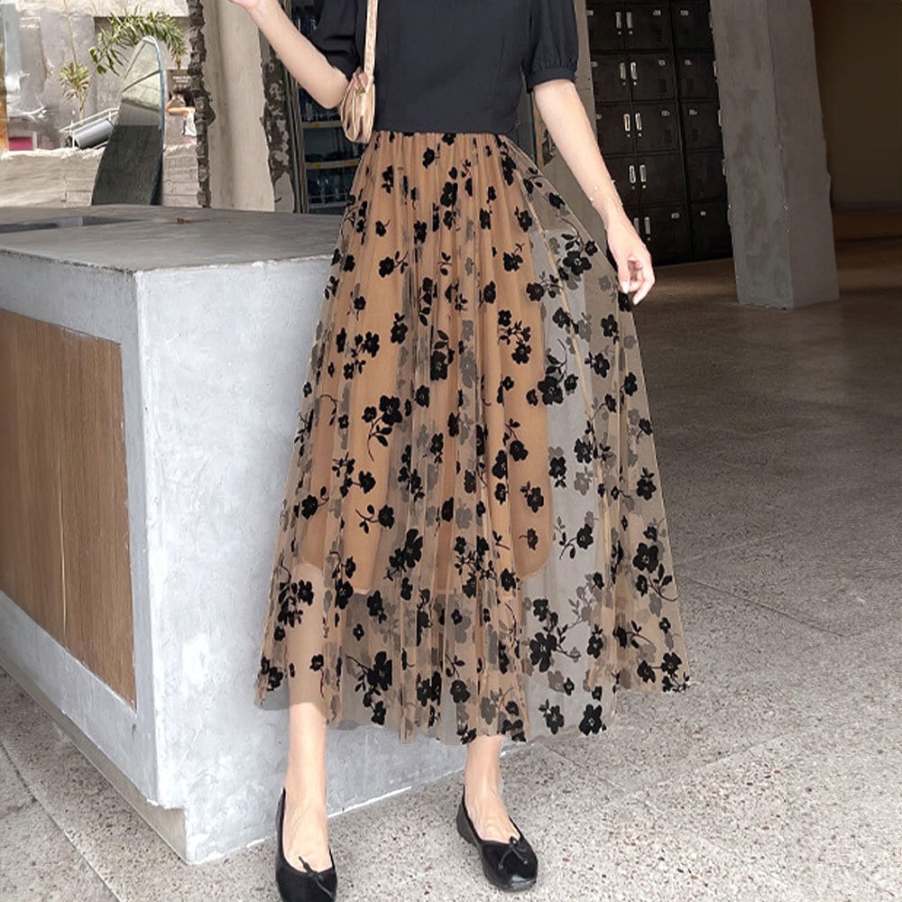 チュールスカート レディース 花柄 ロング おしゃれ きれいめ 大人 かわいい ロングスカート メッシュ チュール カジュアル 大人可愛い 大人女子