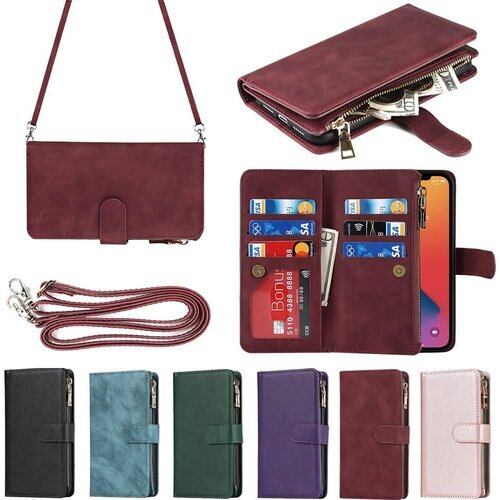 Eastwave アイフォンfor iPhone 12 / 12 Pro ケース for iPhone12 12pro 縄掛けケース 手帳型 財布型 ICカード コインポケット ストラップ付き カード 収納 小銭入れ ファスナーポケット付き PUレザー 6色 レッド 1137