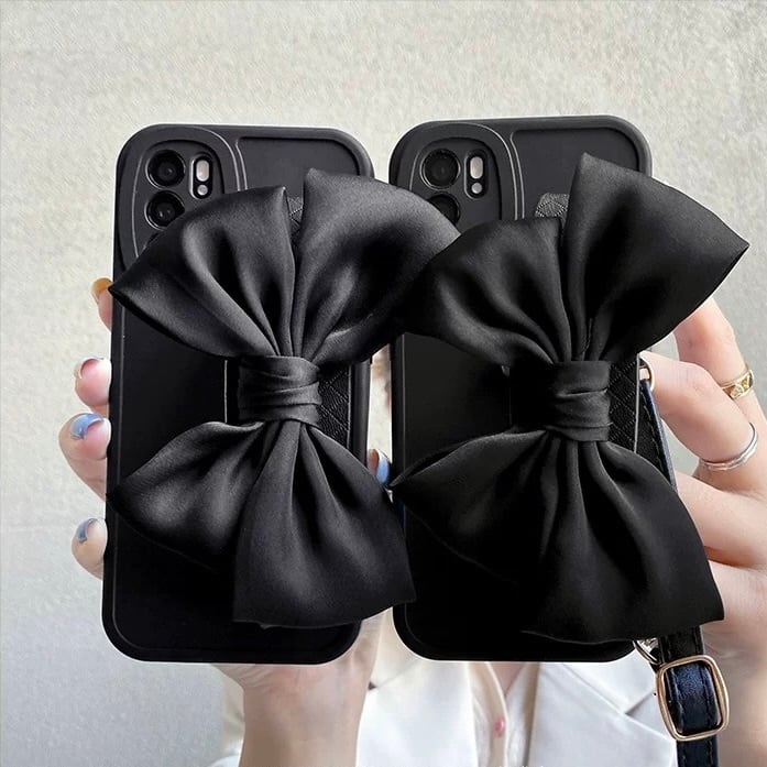 リボン付きブラックケース iPhone17シリーズ対応】リボンストラップ付きショルダーiPhoneケース