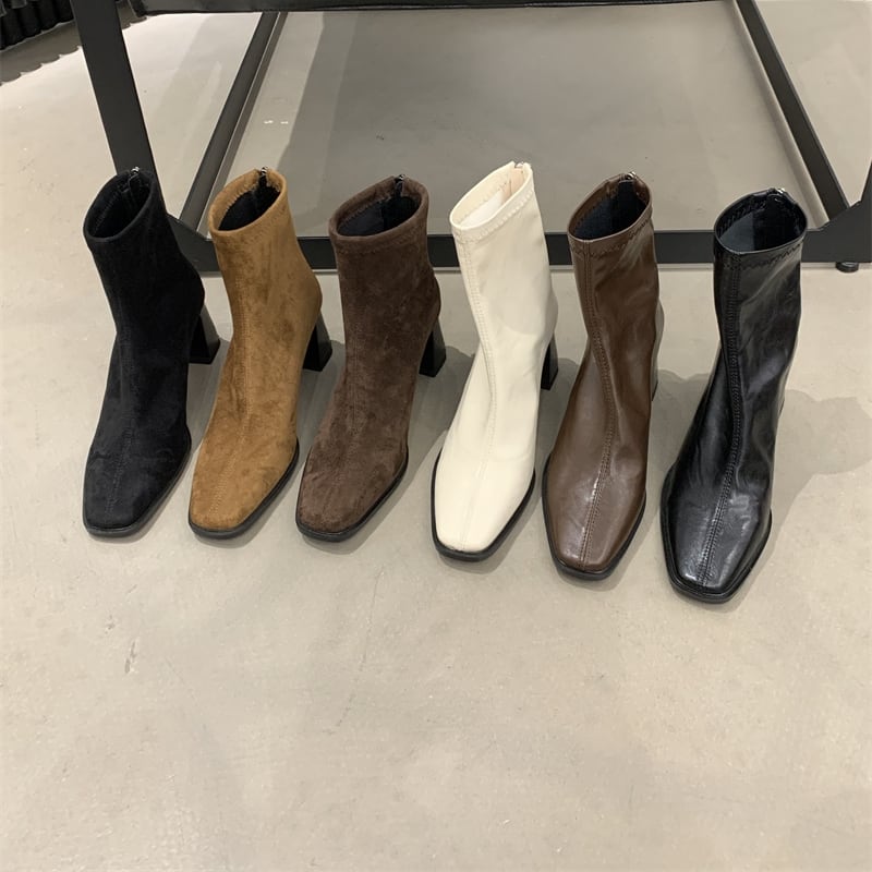 スクエアトゥ チャンキーヒール ショートブーツ ◆6color 204488