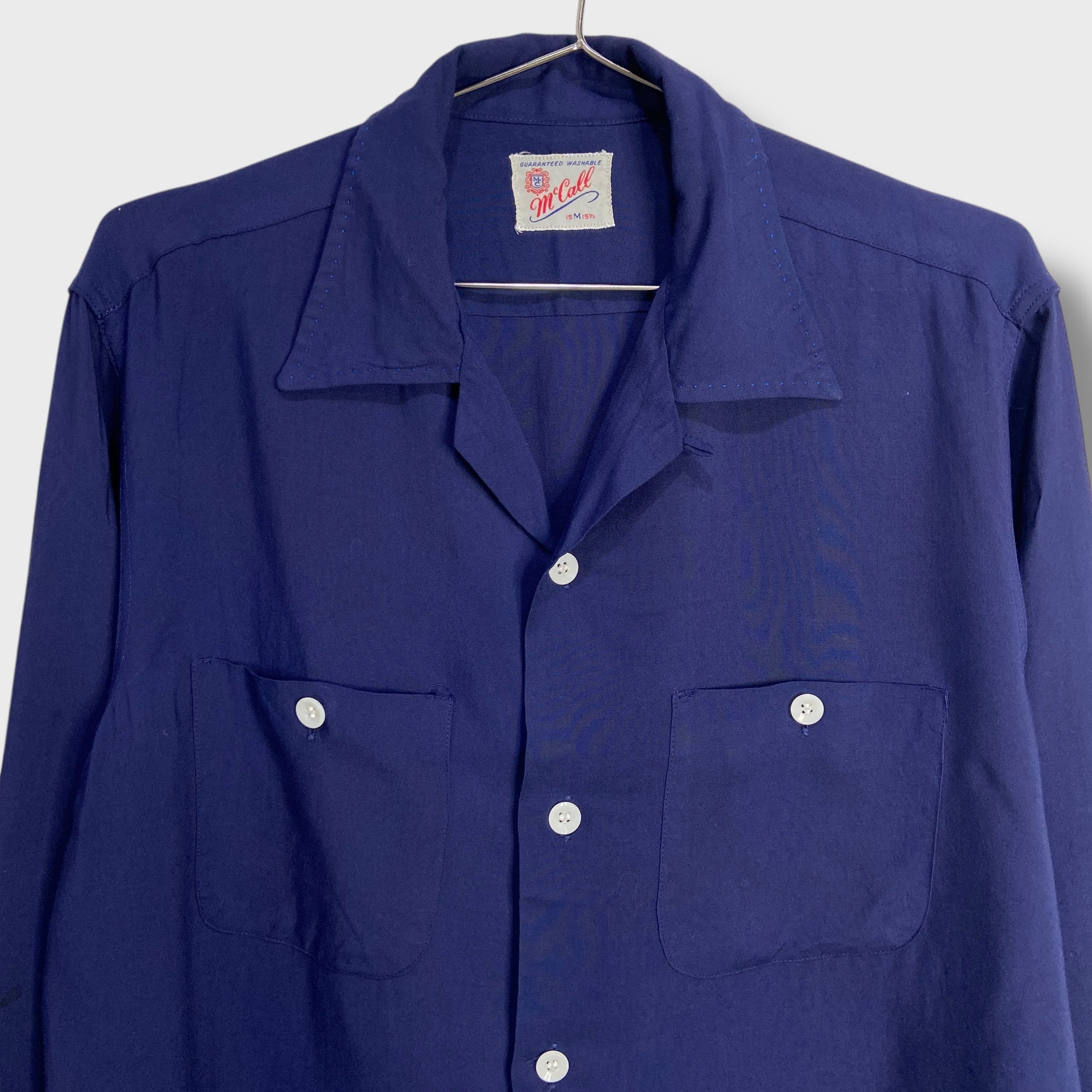 50s Mccall レーヨンシャツ M 長袖 開襟 ネイビー オープンカラー