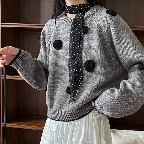トップス ニット セーター プルオーバー レディース 長袖 ラウンドネック オーバーサイズ  フェミニン ストリート かわいい 大人可愛い 上品 おしゃれ かっこいい レトロ こなれ感 ガーリー 個性的 エレガント 抜け感 ヴィンテージ ラブリー キュート ロマンティック ナチュラル ドット柄 水玉 学生 デート お出かけ イベント 休日 重ね着 韓国 オルチャン 楽ちん 体型カバー 普段使い 着回し レイヤード トレンド 流行 インスタ映え ゆったり ゆる フリーサイズ グレー バイカラー モノトーン