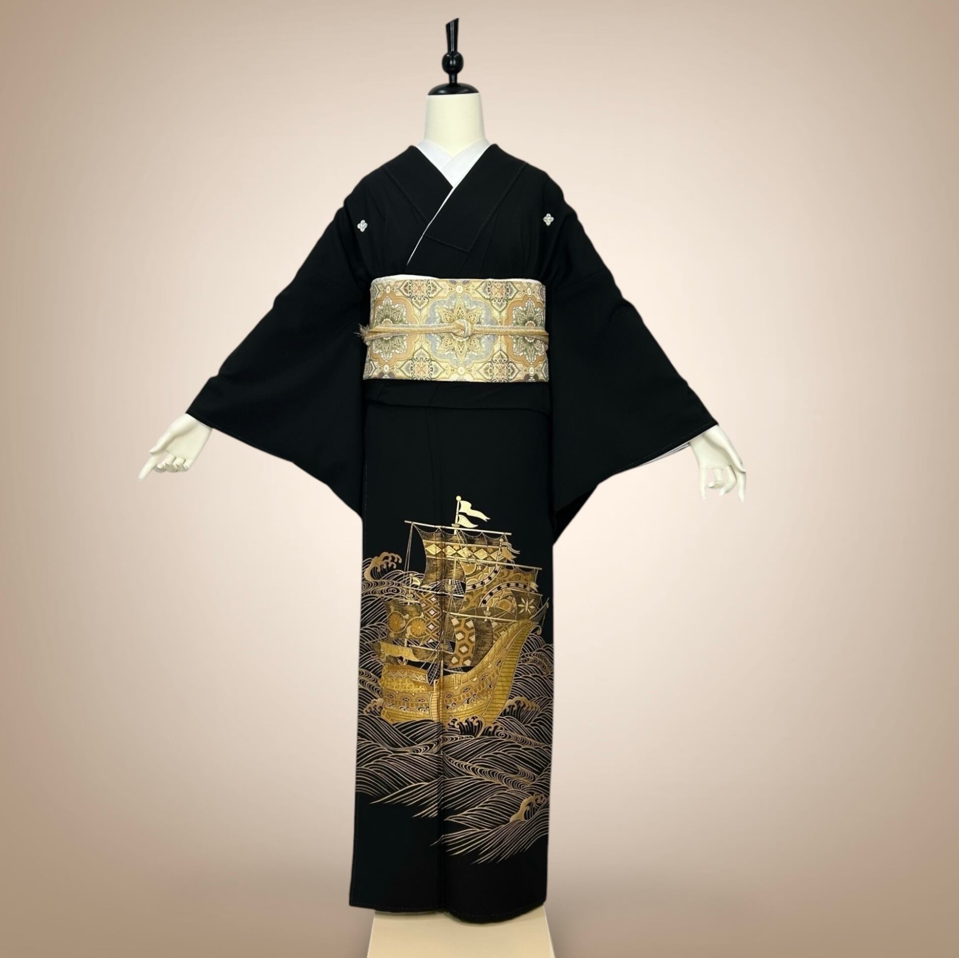 丸に違い鷹の羽 豪華 友禅 黒留袖 袋帯 5点 フルセット 結婚