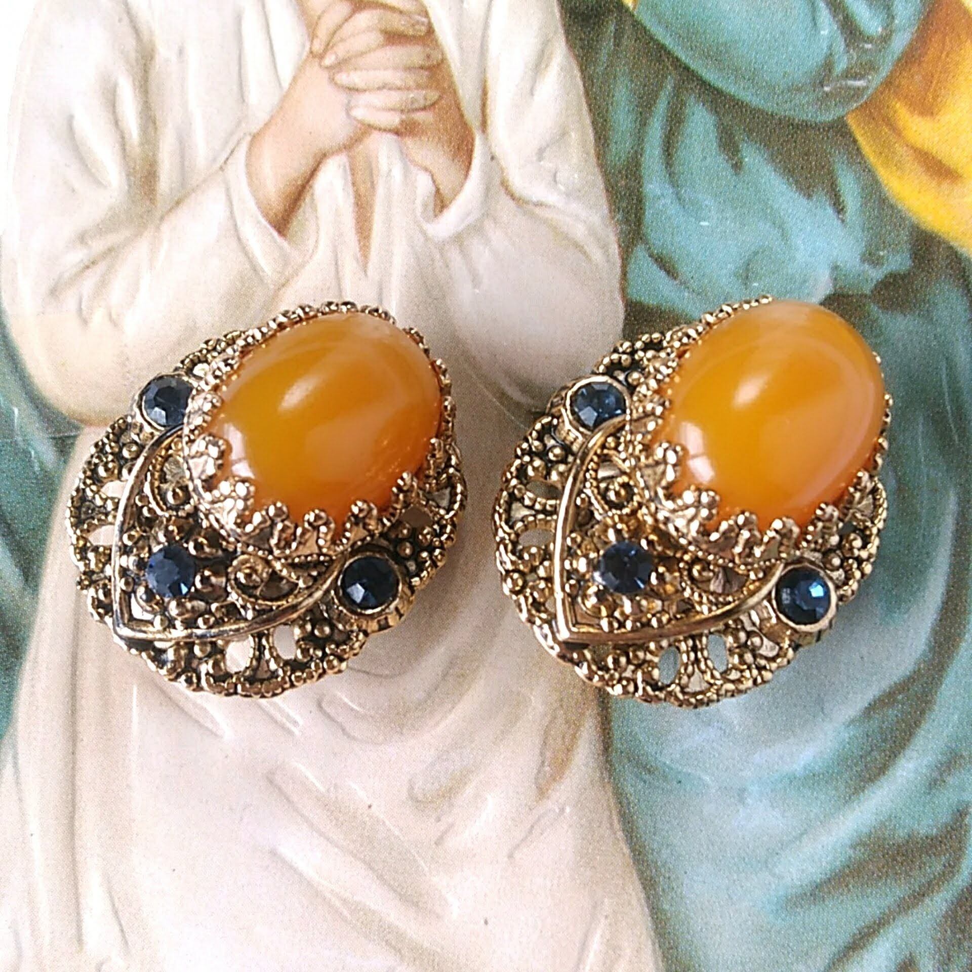 orange cabochon blue rhinestone vintage earrings ヴィンテージイヤリング delightful  kicky uni vintageshop