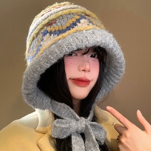 フェアアイル柄 バケットハット レディース 秋冬 北欧 レトロ 防寒 保温 おしゃれ 大人 かわいい きれいめ フェミニン 韓国ファッション バッグとしても使える 大人可愛い 大人女子