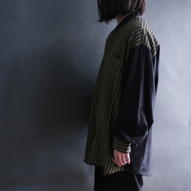 switching design l/s band collar black mode shirt