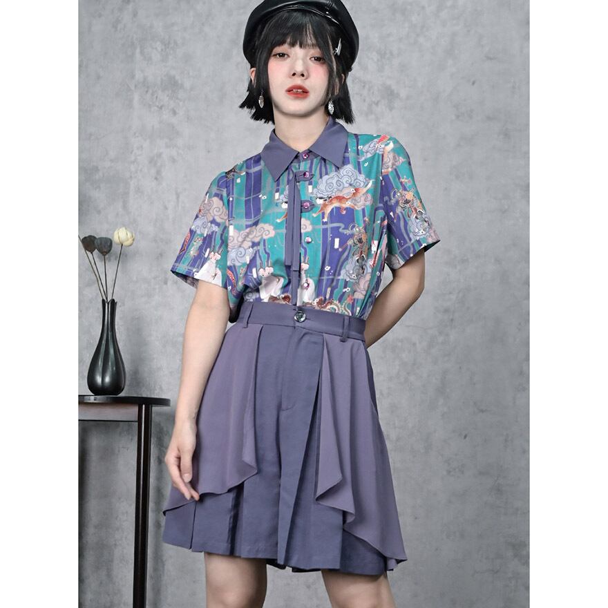 チャイナ風 中華服 古怪舎 半袖シャツ プリント柄 中華系ファッション 30代ファッション夏服