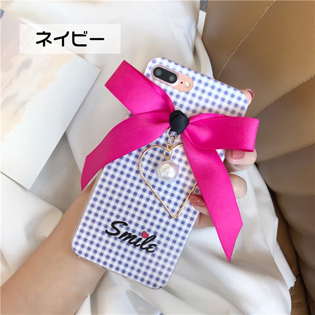 ギンガム チェック リボン ハート パール Iphone シェルカバー ケース ブラック レッド ピンク ネイビー Iphone 6 6s 6plus 6splus 7 7plus 8 8plus Nw333 Loverytrading