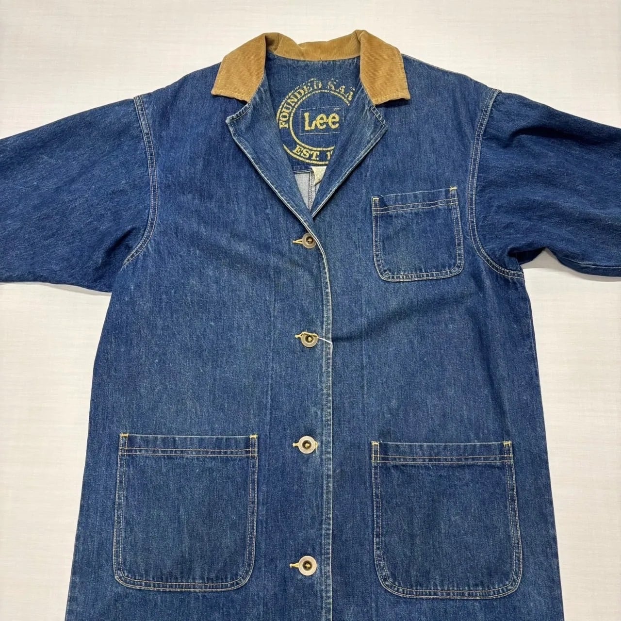 80s USA製 Lee デニム ショップコート M 襟コーデュロイ ロング丈 