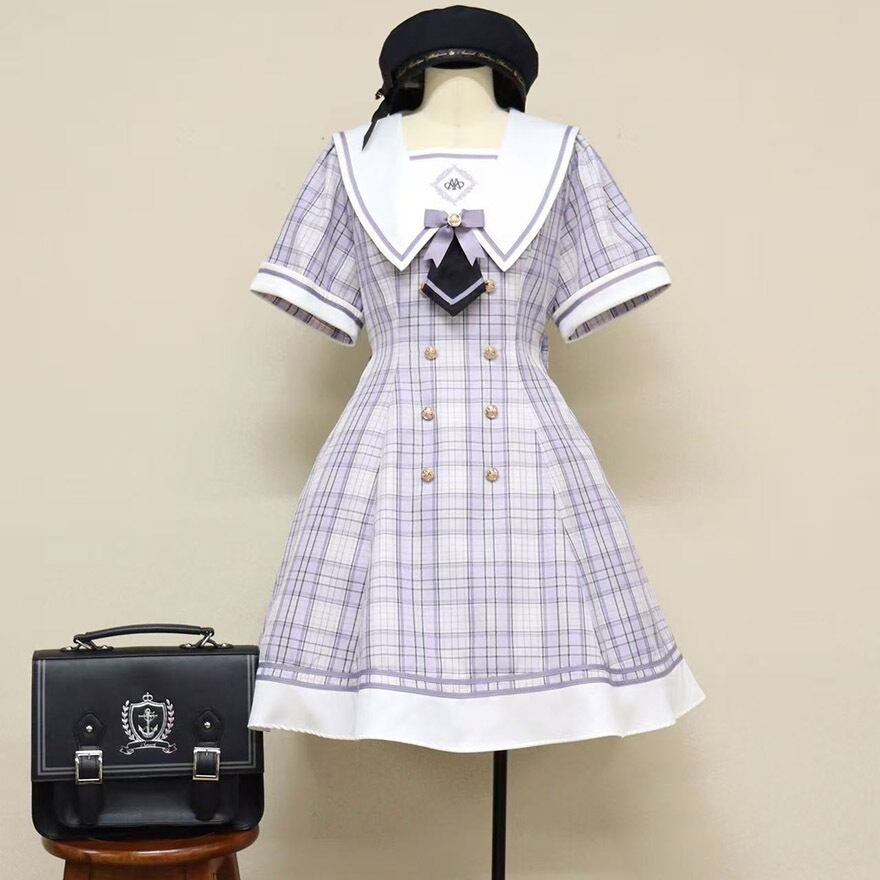 制服 セーラー服 ワンピース チェック柄 半袖 刺繍