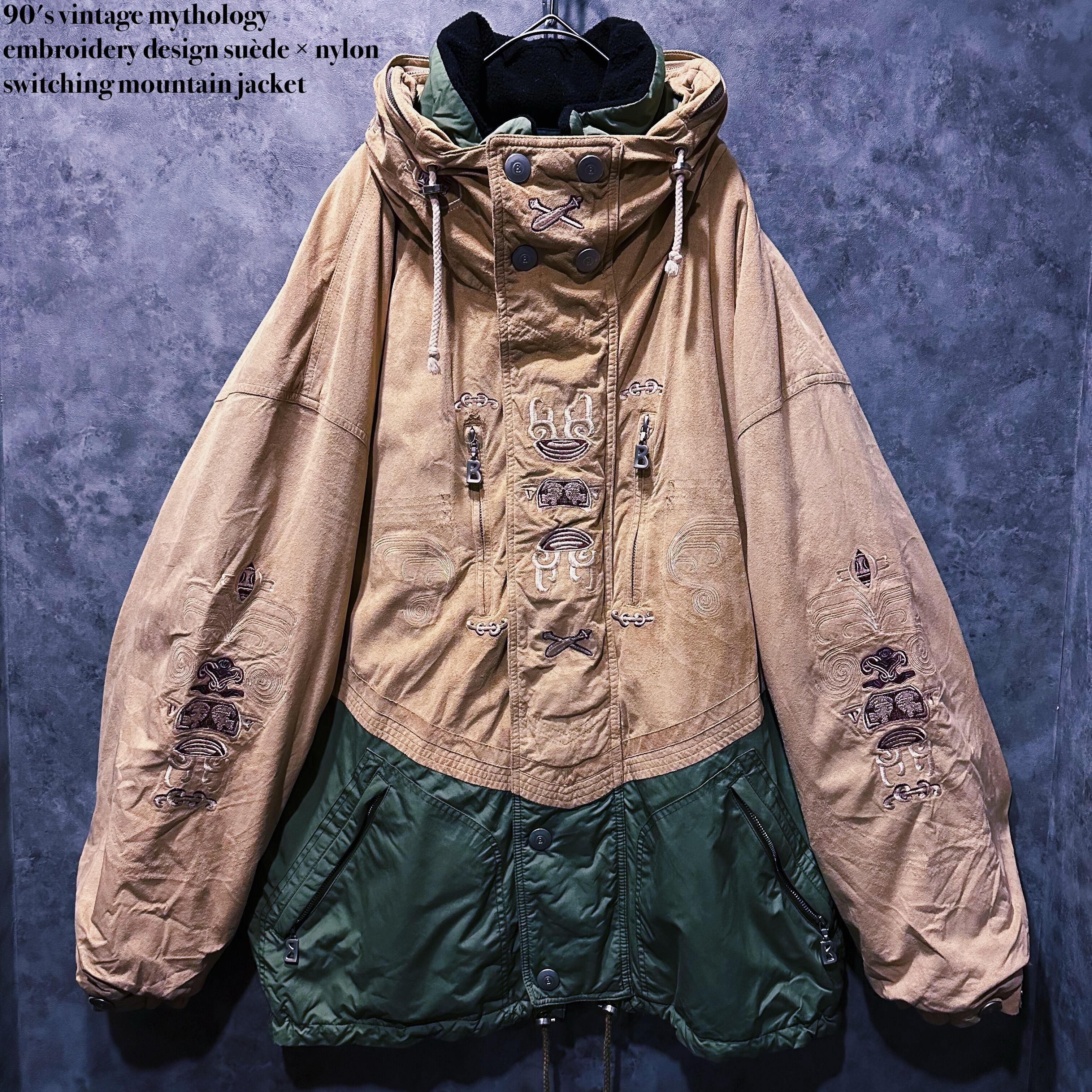 【doppio】90's vintage mythology embroidery design suède × nylon switching mountain jacket