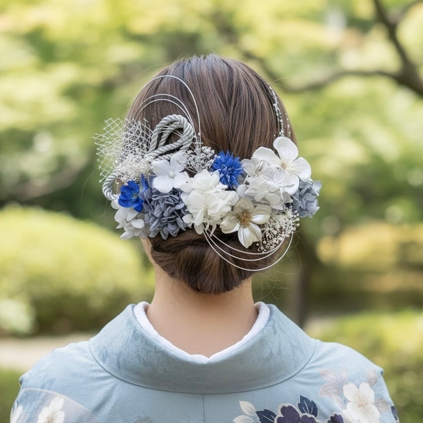 A296 ブルーシルバー ドライフラワー 髪飾り 卒業式 袴 成人式 振袖