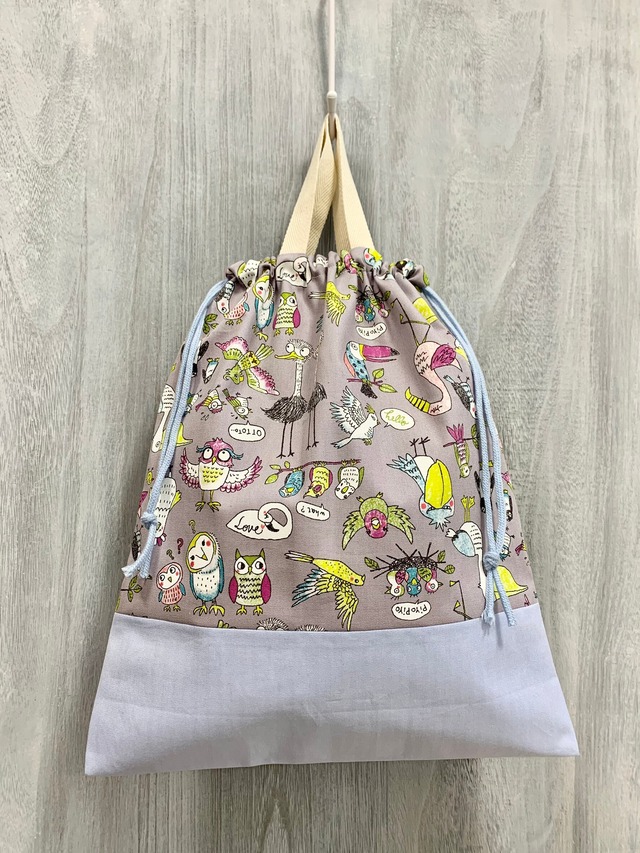 体操着入れ（持ち手付き巾着袋）　トリ柄　グレー