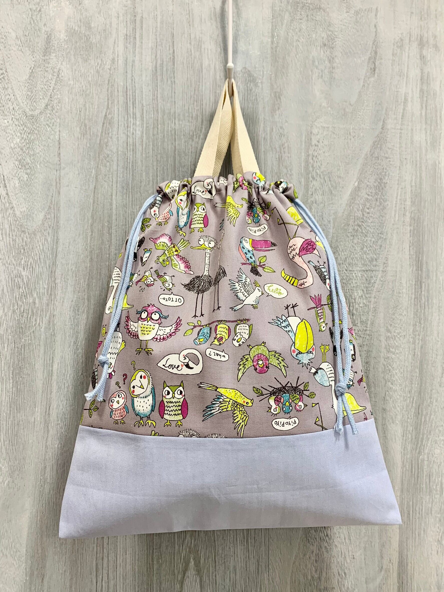 体操着入れ(持ち手付き巾着袋) トリ柄 グレー