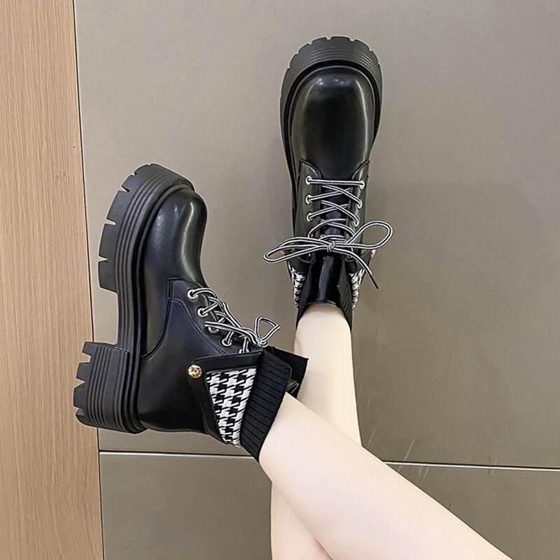 千鳥格子 厚底レースアップアンクルブーツ | 韓国/ワンホン  