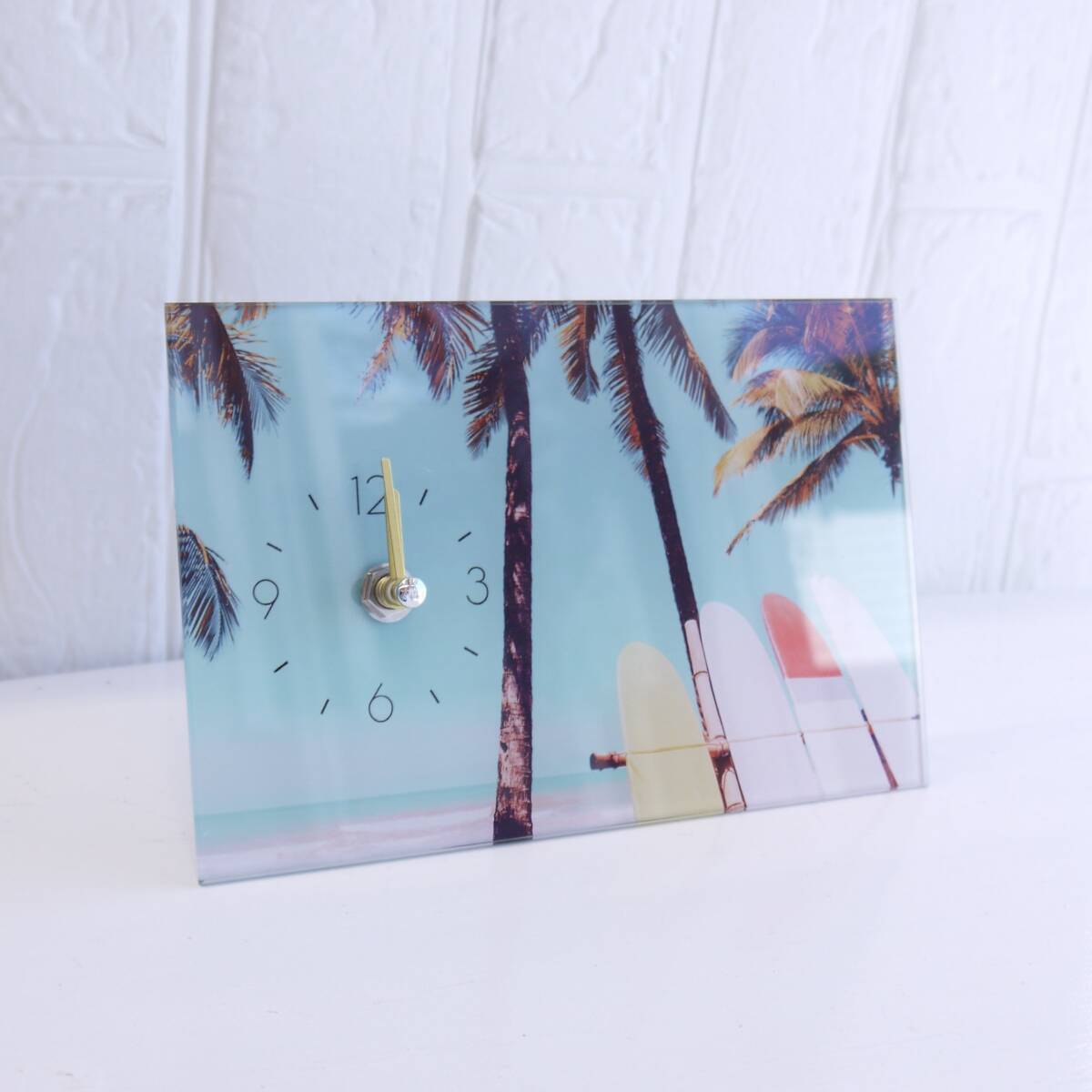 ★ハワイアン雑貨★ハワイ 時計/ガラスアートピクチャー/デスククロック/ビーチ/ヤシの木<サーフボード>