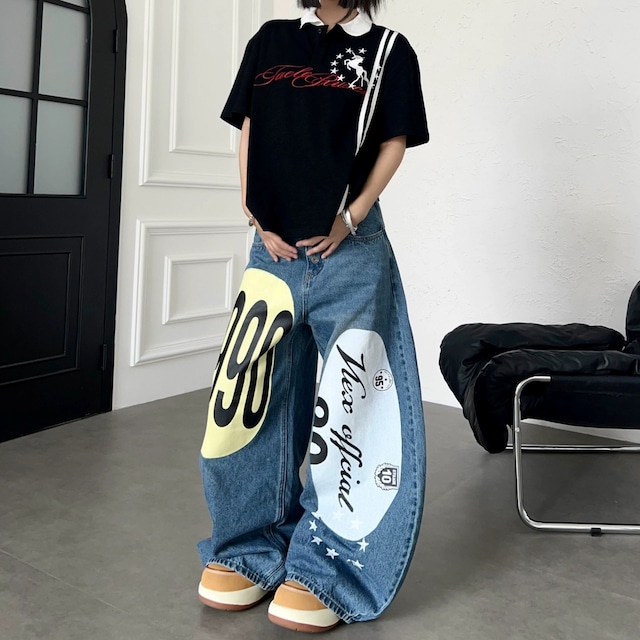 オーバルグラフィックダメージライクカーブデニムパンツ 2col R02531