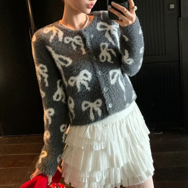 Ribbon shaggy knit cardigan　M1675