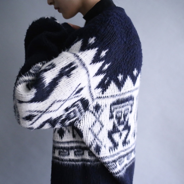 "モケモケ" mohair motif knit mural full pattern over silhouette 5b cardigan