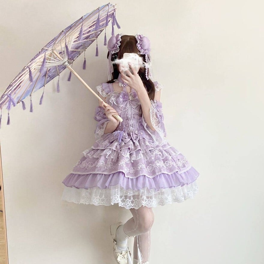 甘ロリJSK 3色展開 豪華レースフリル姫系ロリータドレス パフスリーブ
