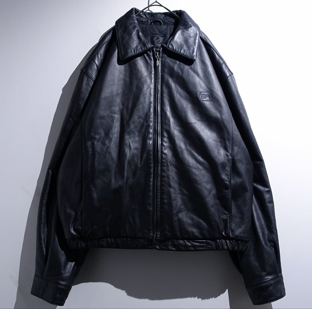 90s "GEAR" Black Leather Embroidered Logo Desgin Swing Top Blouson
