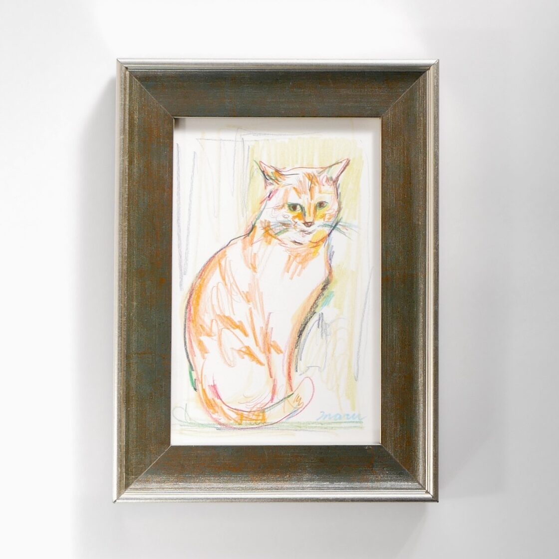 送料無料 「猫の絵no.96」 原画 フレーム付き 色鉛筆画（アート作品 
