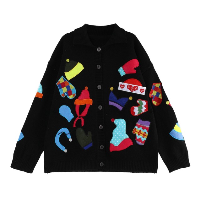 applique decorated oversized knit cardigan J00038