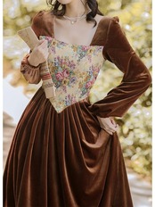 【0154】Brown Velvet Flower Long Sleeve Dress