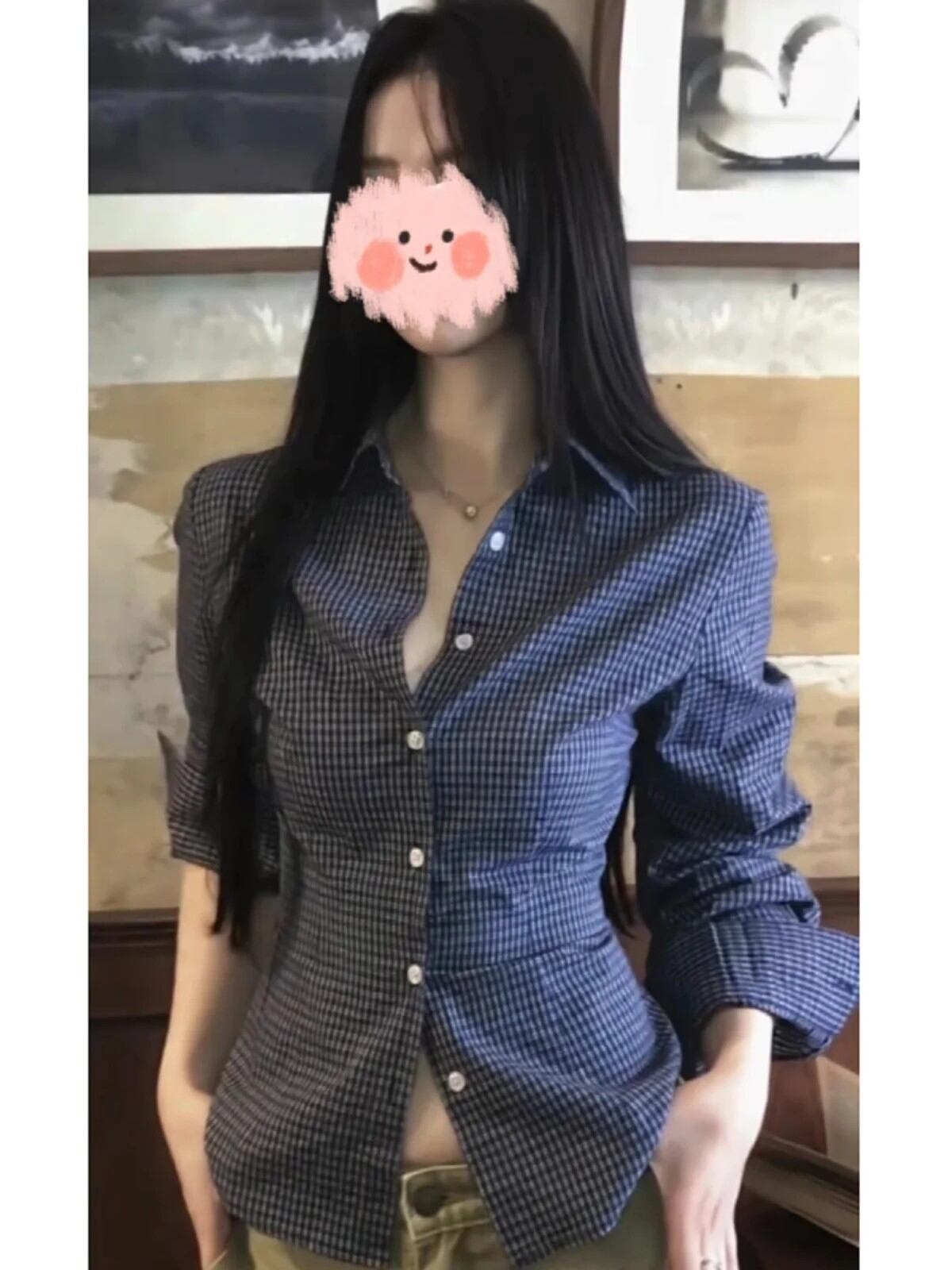 プラスサイズの女性のチェック柄長袖ポロシャツスリムフィット秋のファッション韓国スタイル通勤チェックトップトレンディガール