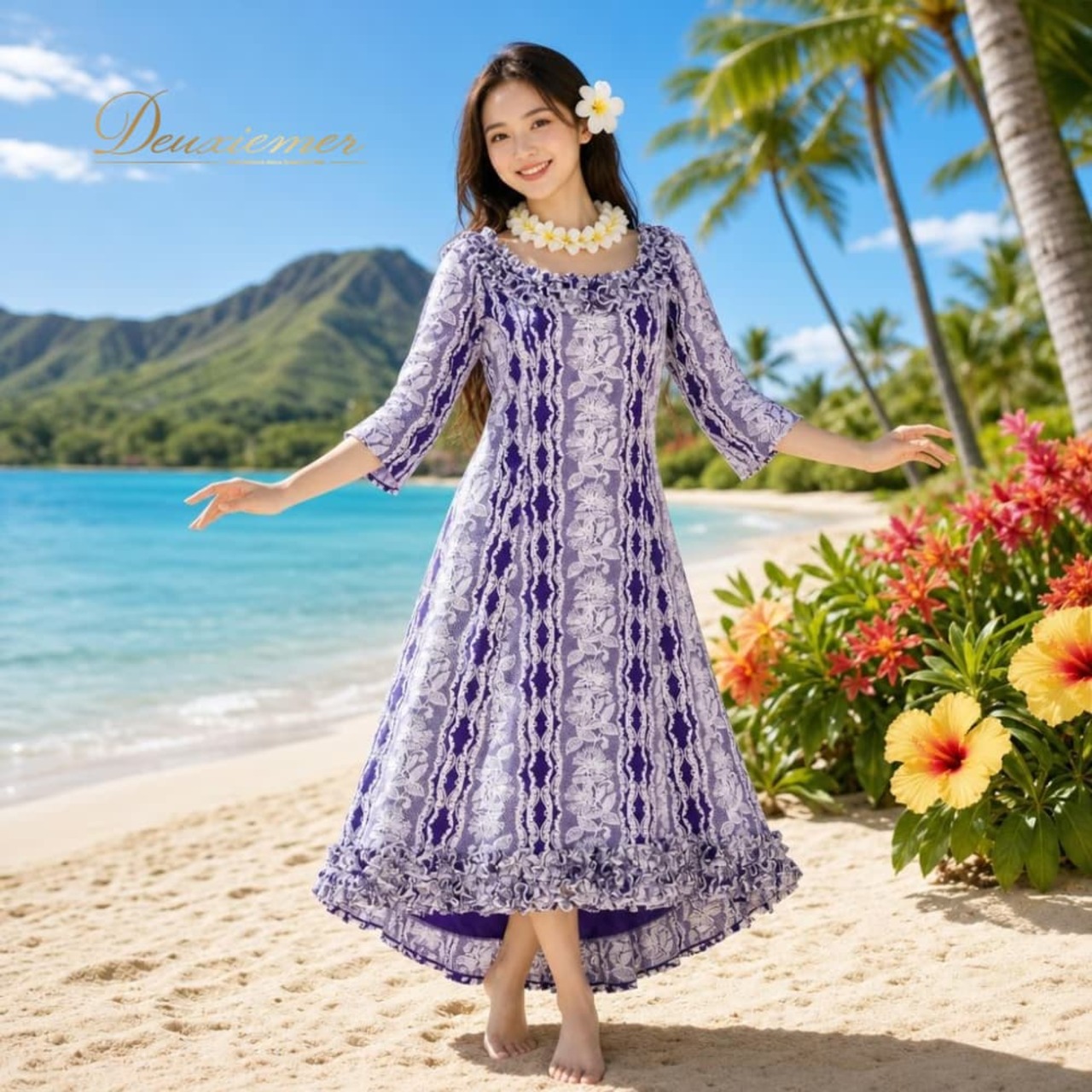 フラダンス 衣装 MENEHUNE PLANTETION メネフネプランテーション ワンピース ドレス パープル系 ホワイト系 日本製 アシンメトリー 長袖 レース風 フリル 上品 きれい 高級感 かわいい 華やか 鮮やか 明るい 紫 白 ハワイアン 練習