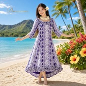 フラダンス 衣装 MENEHUNE PLANTETION メネフネプランテーション ワンピース ドレス パープル系 ホワイト系 日本製 アシンメトリー 長袖 レース風 フリル 上品 きれい 高級感 かわいい 華やか 鮮やか 明るい 紫 白 ハワイアン 練習