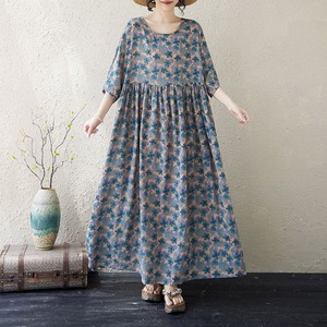 FLORAL ROUND NECK LONG SLEEVE LOOSE MAXI DRESS M-17624