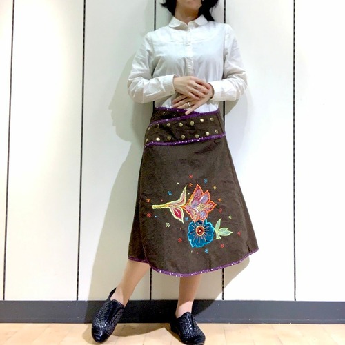 【ラスト1点！】刺繍スナップスカート 茶・紫 emcb-006