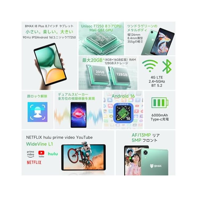 タブレット 8インチ Wi-Fi/SIM通話モデル】Bmax I8 Plus Android16