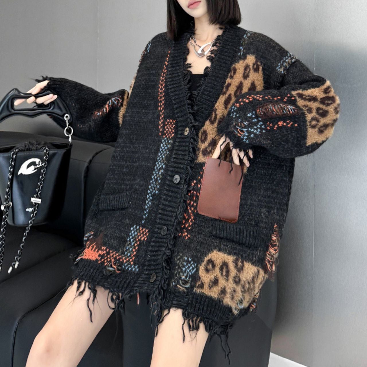 Patchwork V-Neck Knit Cardigan 00841