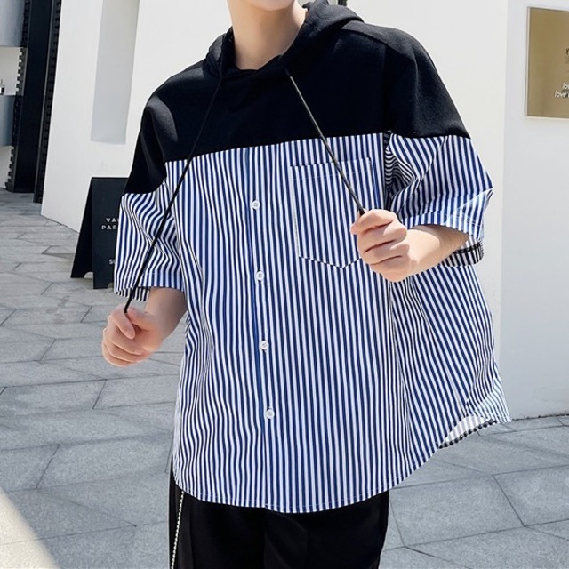 【TR1414】Hood Docking Stripe Shirt