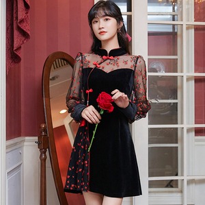 思筠シリーズ チャイナ風ワンピース 中華服 大きいサイズ S M L Ll 3l ベルベット レース 刺繍入り ブラック 黒い Elegant