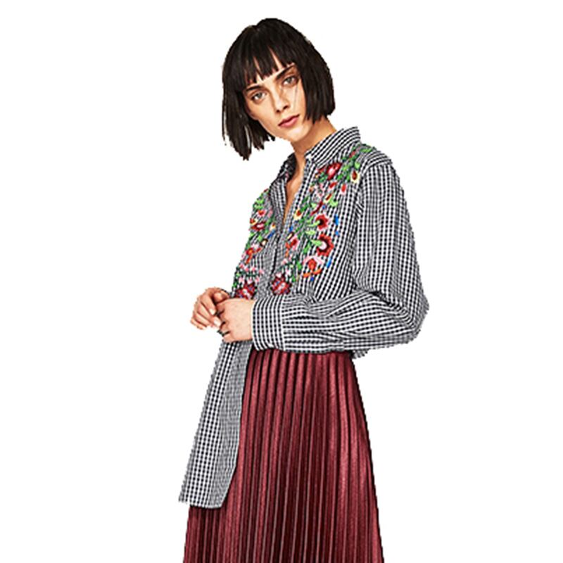 ロング丈 長袖 花刺繍 チェック 襟付きシャツ