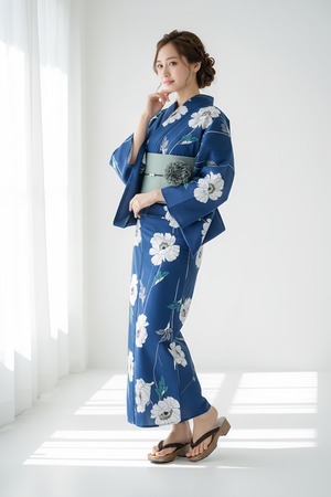 浴衣ジェンヌ 浴衣5点セット 鉄紺色 ポピー 花柄 綿 ゆかた 半幅帯 浴衣