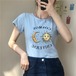 Tシャツ 半袖 袖切りっぱなしデザイン ショート丈 月と太陽 ブルー 韓国ファッション レディース 青 カットソー ラウンドネック かわいい カジュアル ガーリー 614247121002_bl