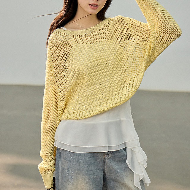 openwork knit cardigan and camisole set(2color)＜t3061＞