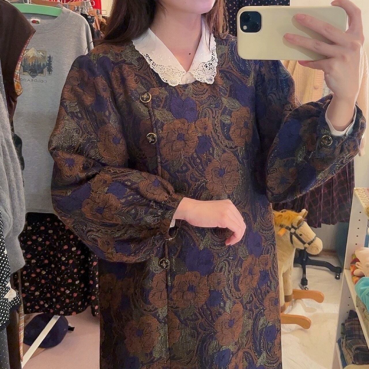 purple gold flower puff sleeve one-piece