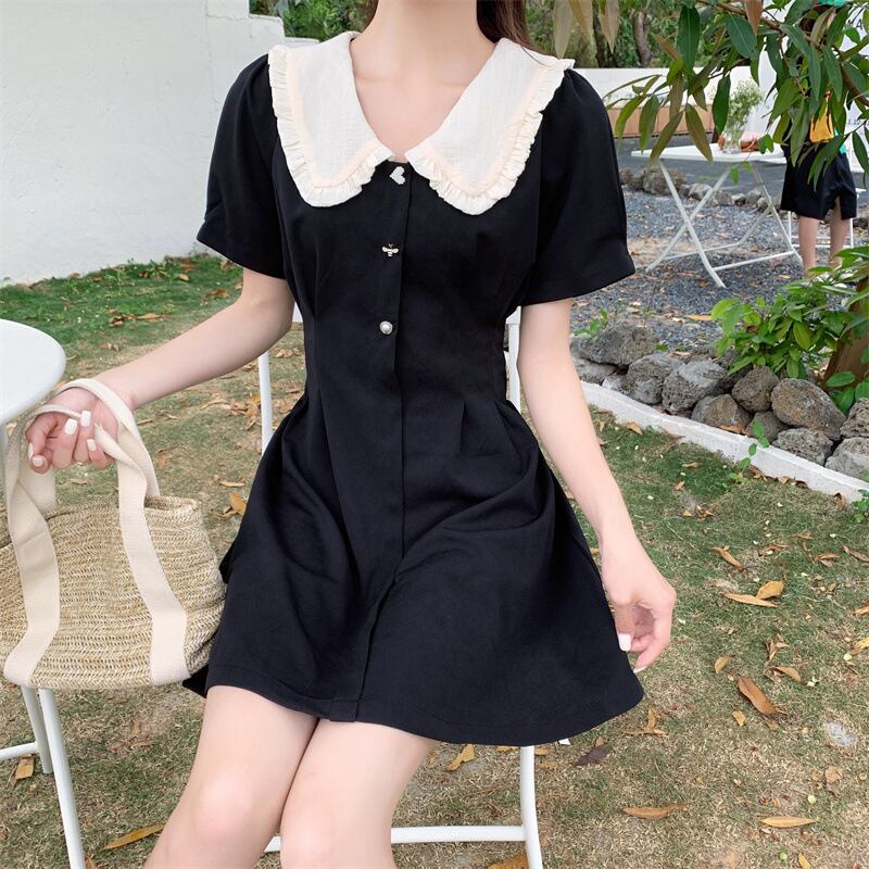 【新作】【送料無料】 夏の新しいフレンチスタイルのレトロな対照的な色の人形の襟ウエスト痩身ドレス女性の女王光成熟した気質リトルブラックドレス 0227733671528