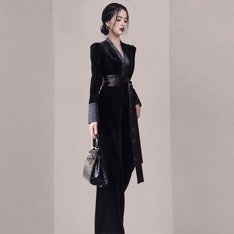 パーティードレス パンツ ベルベット 結婚式のお呼ばれ30代パンツドレス かっこいいパンツドレス 結婚式 お呼ばれ 代 30代 40代 結婚式 パンツドレス オールインワン 袖あり 黒 二次会 フォーマルドレス 結婚式フォーマルドレス Vネック Viento