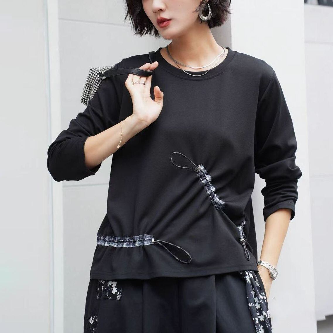 DRAWSTRING RUCHED ROUND NECK SLEEVE SWEATSHIRT M-18630