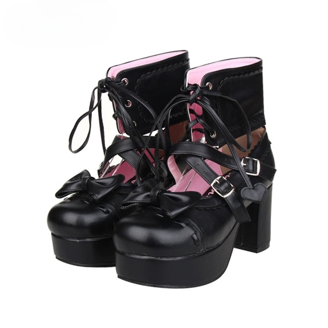 ゴスロリ通販 With U ゴスロリ 厚底パンプス リボン シンプル定番パンプ ストラップパンプス お嬢様 ヒール8cm shoes ゴスロリ好き 可愛い