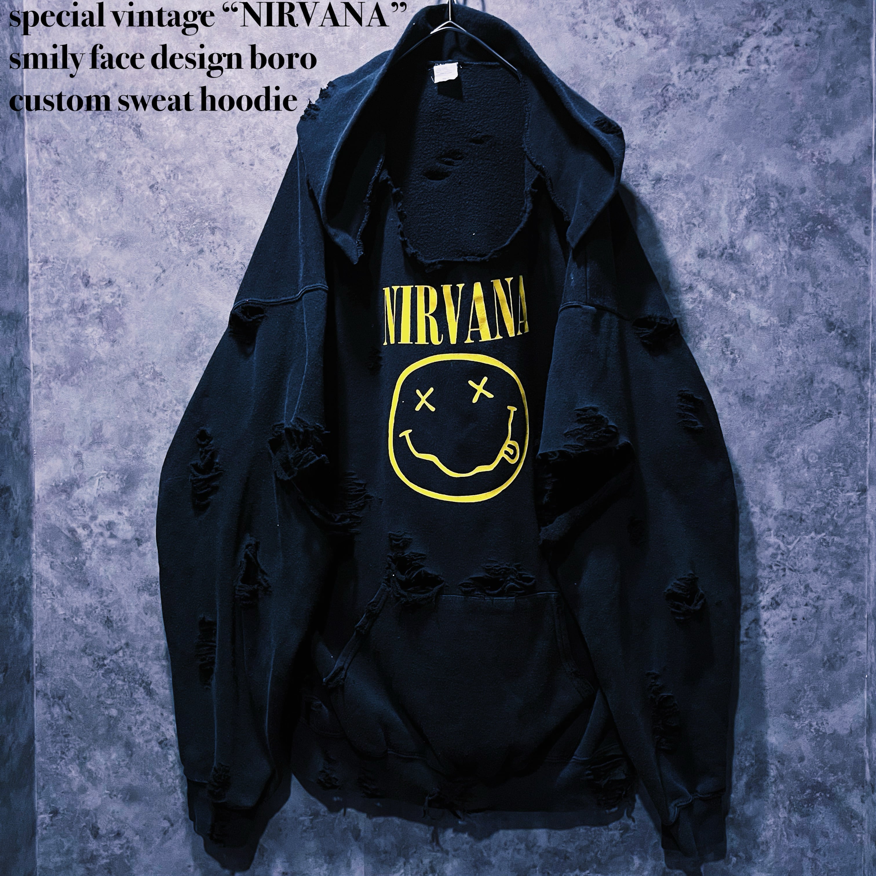 【doppio】special vintage “NIRVANA” smily face design boro custom sweat hoodie